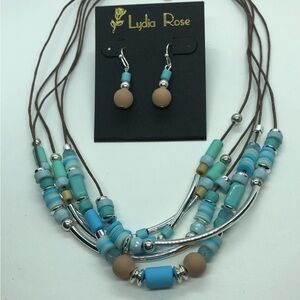 Turquoise & Tan Beaded Necklace and Earring Set